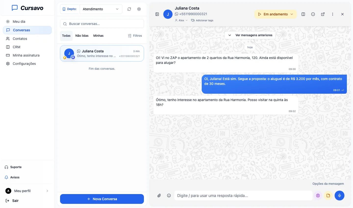 Conversas de WhatsApp da imobiliária no Cursavo
